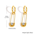Detailed view of gold safety pin earrings with zircon inlay and product dimensions - ED-828G