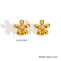 Close-up of 18K gold flower stud earrings with zirconia center and dimensions - Gold