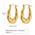 U-shaped gold plated twisted earrings in stainless steel with dimension and weight specs - Twisted Teardrop Style (EH-635)