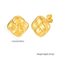 Macro view of gold square stud earrings with woven texture detailing and butterfly backing - Gold
