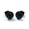 Detail view of vintage round stud earrings featuring dark blue zircon and black gold plating - Ink Blue Round Zirconia Stud Earrings (ZG054)