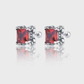 Close-up of square red ruby studs with retro crown silver setting and screw backs - Square Red Rhinestone Vintage Stud Earrings (KDP405)
