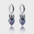 S925 sterling silver heart crown hoop earrings with iridescent gemstone drops - Vintage Oxidized Silver (KDP114)