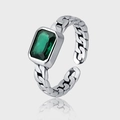 Retro 925 sterling silver adjustable open ring with square emerald green zircon stone - Rectangular Green Stone Antiqued Chain Style (KDP777)