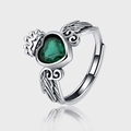 925 Silberring mit grünem Herz-Edelstein, Engelsflügeln und einem Kronen-Design - Grüner Herz Edelstein Krone Flügel Offener Ring (KDP235)
