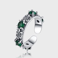Retro 925 sterling silver open ring with five green circular gemstones and vintage carving - Emerald Hollow Scroll Pattern Style (KDP783)