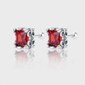 Detail view of red square gemstone earrings with silver filigree and secure screw backs - Antique Engraved Square Red Rhinestone Stud Earrings (KDP511)