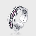 Intertwined 925 silver open ring with double rows of pink zircons on gray background - Intertwined Hollow Style (KDP929)