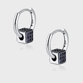 S925 sterling silver hoop earrings featuring cube pendants with blue zircon crystals - Deep Blue Square Pendant Style (KDP799)