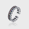 Vintage S925 Sterling Silber Ring mit bunten Zirkoniasteinen im Regenbogen-Design - Regenbogen Strass Eingelegter Retro-Wellen Offener Stil (KDP1173)