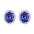 Boucles d'oreilles halo avec saphir bleu ovale et zircons blancs en argent S925 - Style de Gemme Ovale Bleue (KDP998)
