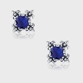 925 silver retro cross earrings with round blue sapphire zircon and floral engraving - Vintage Fleur-de-lis Deep Blue Gemstone Stud Earrings (KDP1169)