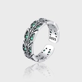 Antique S925 sterling silver peacock tail open ring with green zircon and oxidized finish - Vintage Green Zirconia Style (KDP1220)