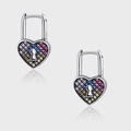 Silver hoop earrings with heart lock pendant featuring colorful pave zircon stones - Multi-Color Zirconia Heart Lock Huggie (KDP1218)