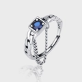 S925 sterling silver ring featuring a blue square zircon and Cuban chain design - Vintage Distressed Blue Zirconia Chain Style (KDP1185)