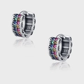 S925 sterling silver rainbow hoop earrings featuring multi-colored gemstones in pavé setting - Rainbow Scalloped Hoop Earrings (KDP1172)