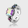 Vintage 925 silver open ring with square rainbow stone and colored diamonds - Square Iridescent Gemstone Distressed Style (KDP1006)