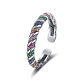 Retro s925 silver open ring featuring colorful gemstone rows and twisted rope texture - Colorful Striped Style (KDP1268)