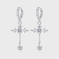 S925 silver gothic cross earrings with white square diamond and iris flower pendant - White Gold