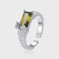 S925 silver ring with olive green zircon and beaded texture on a grey background - Olive Green Square Stone Bead Texture Open Ring (KDP1386)