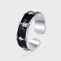 S925 sterling silver gothic crown open ring with black enamel details and cross motifs - Black Silver Vintage Style (KDP1448)