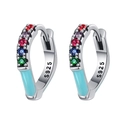 S925 sterling silver hoop earrings with colorful gemstones and sky blue enamel finish - Rainbow Rhinestone & Blue Enamel Style (KDP1446)
