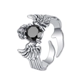 Anello aperto vintage in argento 925 con zircone nero, motivi a corona e ali - Stile Vintage Ali Corona (KDP1484)