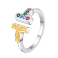 Two-tone silver and gold ring with double T design and colorful cubic zirconia - Double T Two-tone Scrollwork Style (KDP1790)