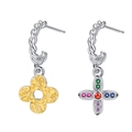 Asymmetrische silberne Blumenohrringe mit Gold-Arabesken und bunten Edelsteinen - Asymmetrische Gold-Silber-Kontrast Blume Kreuz Ohrstecker (KDP1792)
