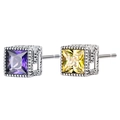 Boucles d'oreilles vintage en argent 925 avec cristaux carrés violets et jaunes - Style Strass Carré Bicolore (KDP1697)