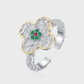 Anello quadrifoglio in argento 925 bicolore con incisioni vintage in stile barocco - Regolabile / Stile quadrifoglio erba Tang (KDP1783)