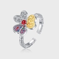 S925 silver clover ring with gold contrast petals, red gemstone, and vine carvings - Adjustable Open / Gold and Silver Contrast Petal Style (KDP1787)