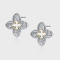 S925 sterling silver two-tone four-leaf clover earrings with vintage filigree texture - Two-Tone Arabesque Style (KDP1681)