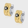 S925 sterling silver geometric hoop earrings with gold plating and black gemstones - Vintage Gold Silver Bi-color Hollow Floral Black Rhinestone Style (KDP1863)