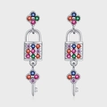 S925 sterling silver lock and key tassel earrings with multicolor sparkling zircon stones - Multicolor Rhinestone Key Lock Style Earrings (KDP1801)