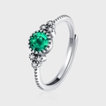Elegante anello in argento sterling S925 con zircone verde tondo e pietre d'accento bianche - Aperto Regolabile / Stile Vintage con Gemma Verde (KDP1888)