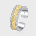 Anillo abierto de plata S925 con relieve floral dorado y cristales brillantes de lujo - Abierto Ajustable / Estilo Arabescos Vintage(KDP1896)