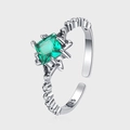 Anillo abierto de plata S925 con circón verde cuadrado y pequeños cristales brillantes - Abierto Ajustable / Plata Vintage (KDP1899)