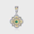 Vintage S925 silver and gold bicolor quatrefoil flower pendant with green zircon gemstone - Two-Tone Green Zirconia Flower Pendant (KDP2123)