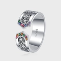 Vintage S925 sterling silver open ring with floral engraving and colorful gemstones - Adjustable Open / Vintage Arabesque Colorful Zirconia Style (KDP1976)