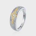 Anillo ajustable de plata 925 con textura de estrella dorada y cristales brillantes - Abierto Ajustable / Textura de Estrella Cruzada en Dos Tonos (KDP1967)
