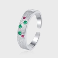 Textured S925 sterling silver open ring with multi-color green and red zircon stones - Adjustable Open / Colored Zirconia Brushed Texture Style (KDP1985)