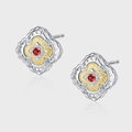 S925 silver four-leaf clover earrings with red zircon and bicolored gold plating - Red Zirconia Two-Tone Clover Style (KDP1974)