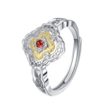 Bague en argent S925 avec pétales dorés et zircon rouge dans un design floral élégant - Bague Pétale Réglable Ouverte (KDP1959)