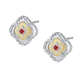 Boucles d'oreilles trèfle en argent S925 avec zircon rouge et finition bicolore - Boucles d'Oreilles Clous Pétales Vintage (KDP1974)