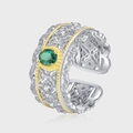 Vintage S925 zilveren kroonring met groene edelsteen en hol kant filigraan patroon - Eén Maat(Verstelbaar) / Vintage Kant Filigraan Stijl (KDP2033)