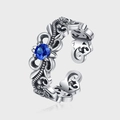 Vintage S925 silver open ring with textured engraving and a round blue zircon center - Adjustable Open / Blue Zirconia Textured Oxidized Style (KDP2036)