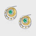 Elegant S925 sterling silver crescent stud earrings with green gemstone and gold texture - Brushed Moon Gold Silver Toned (KDP1964)