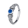 Anello vintage in argento sterling S925 con zircone blu e incisioni floreali - Aperto Regolabile / Stile Arabesco Zirconia Blu Profondo (KDP2052)