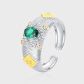 Bague en argent S925 avec émeraude, texture dorée et anneau ouvert réglable - Style de Contraste de Pierre Verte (KDP2206)